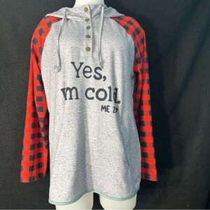 Women's L Grey and Red Checkered Quarter Snaps Thin Hooded Sweatshirt